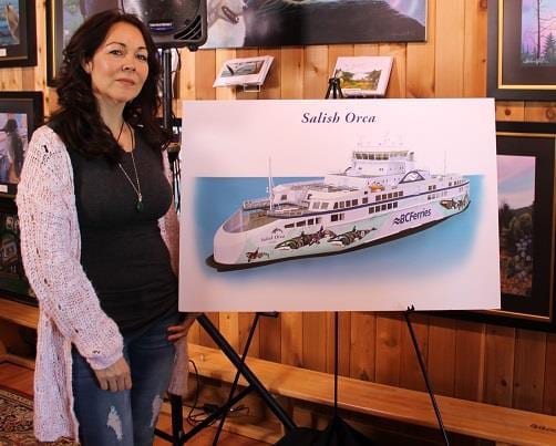 Coast Salish artist Darlene Gait stands next to the rendering of her artwork that will adorn the Salish Orca. - Photo Courtesy BC Ferries