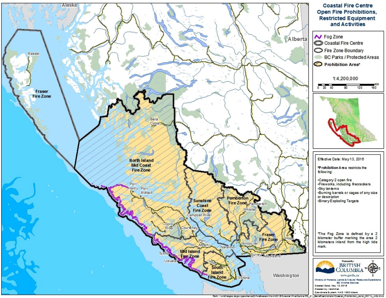 Area affected by the fire ban. Map from Coastal Fire Centre 