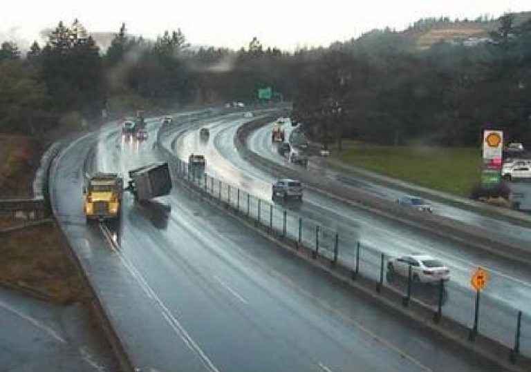 DriveBC camera captures moment before dump truck crashes on HWY 1 in