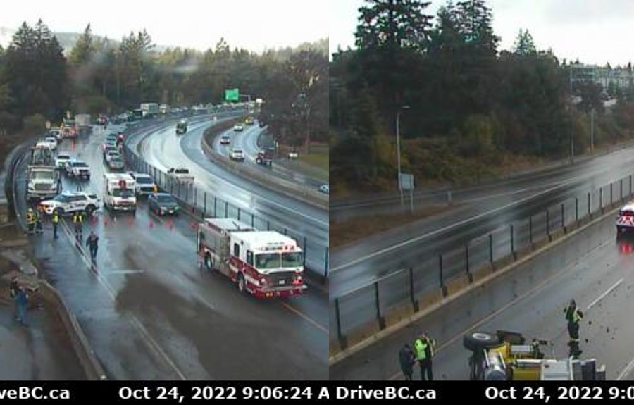 Rollover crash closes southbound lanes of Hwy 1 in Langford Monday morning